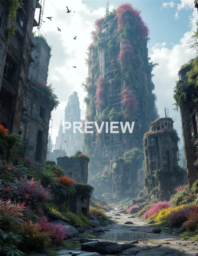 A futuristic cityscape with tall, weathered buildings overgrown with vibrant greenery and pink flowering plants, set along a rocky stream under a partly cloudy sky with flying birds.